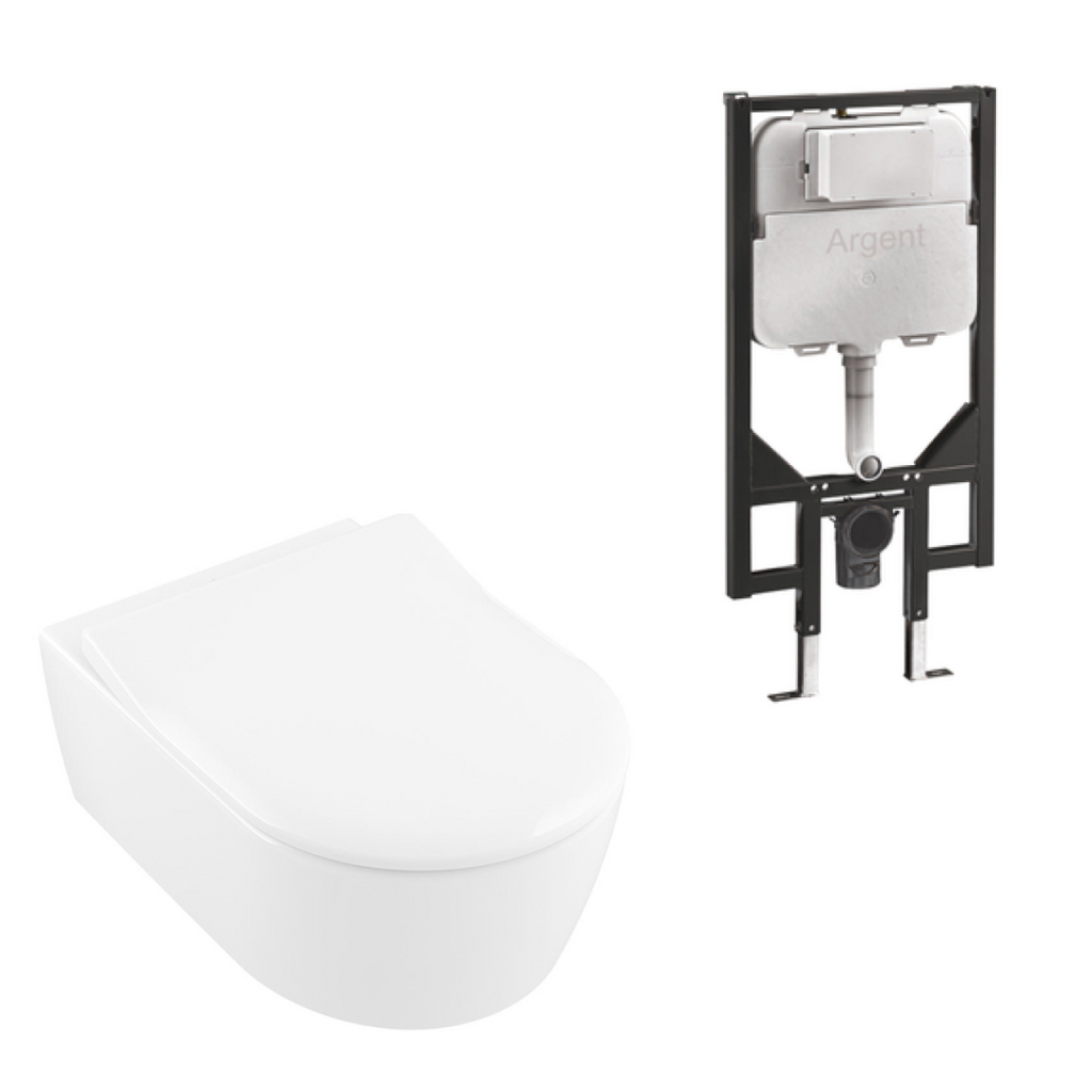 Villeroy & Boch Avento DirectFlush Wall Hung Toilet incl/Slim Seat Package - Includes Argent Cistern - Square Matte Black Button - 5656R001L4B + IN48905 + IN38785MB