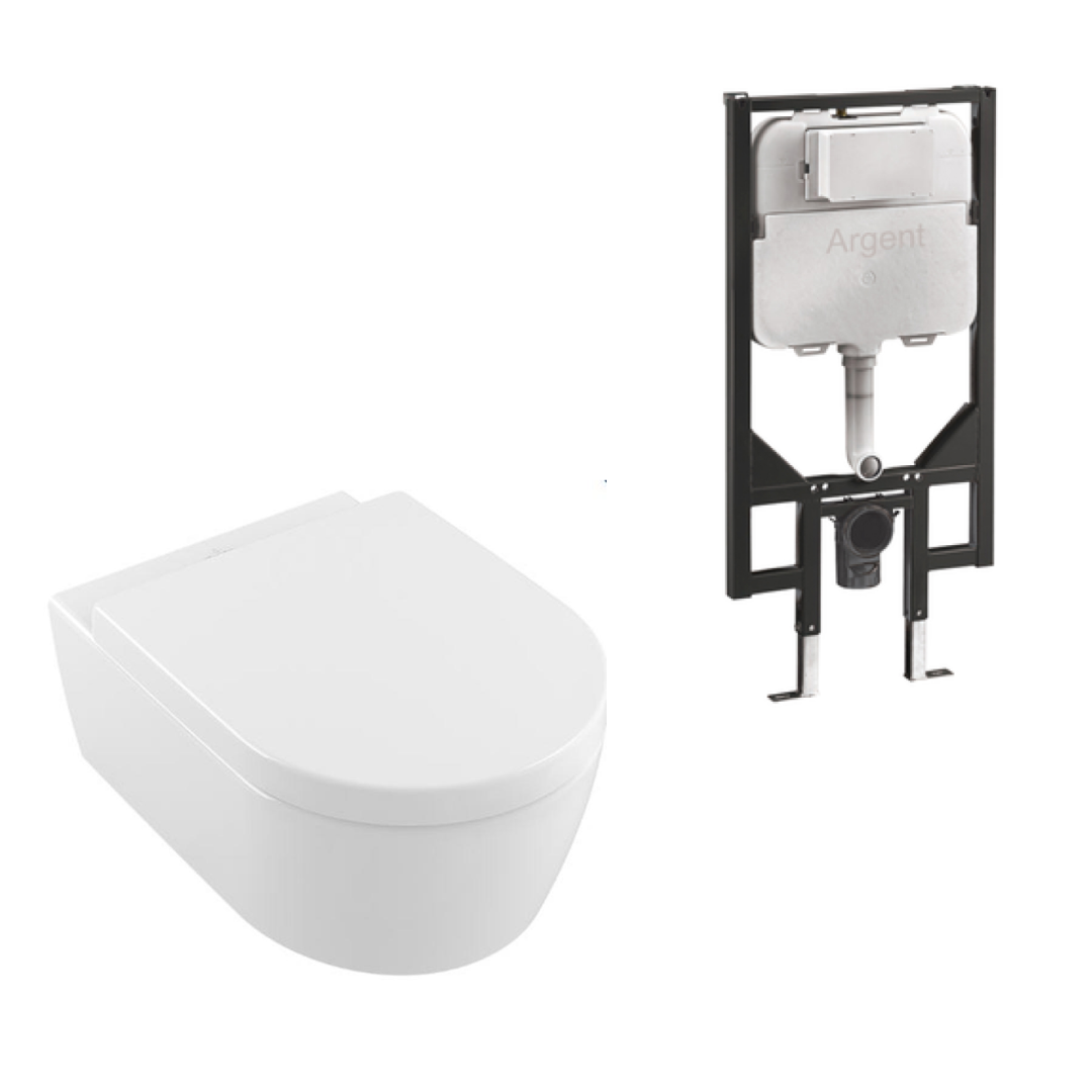 Villeroy & Boch Avento Directflush Wall Hung Toilet Package Argent Cistern - Square Matte Black Button - 5656R001S4B + IN48905 + IN38785MB
