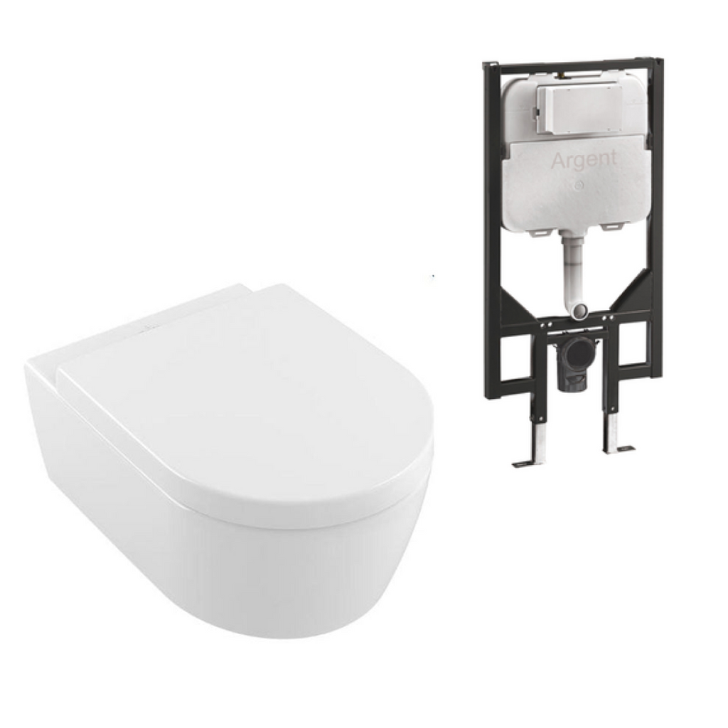 Villeroy & Boch Avento DirectFlush Wall Hung Ceramic Plus Toilet Package - Includes Argent Cistern - Round White Button - 5656R0R1S4B + IN48905 + F5020Wh