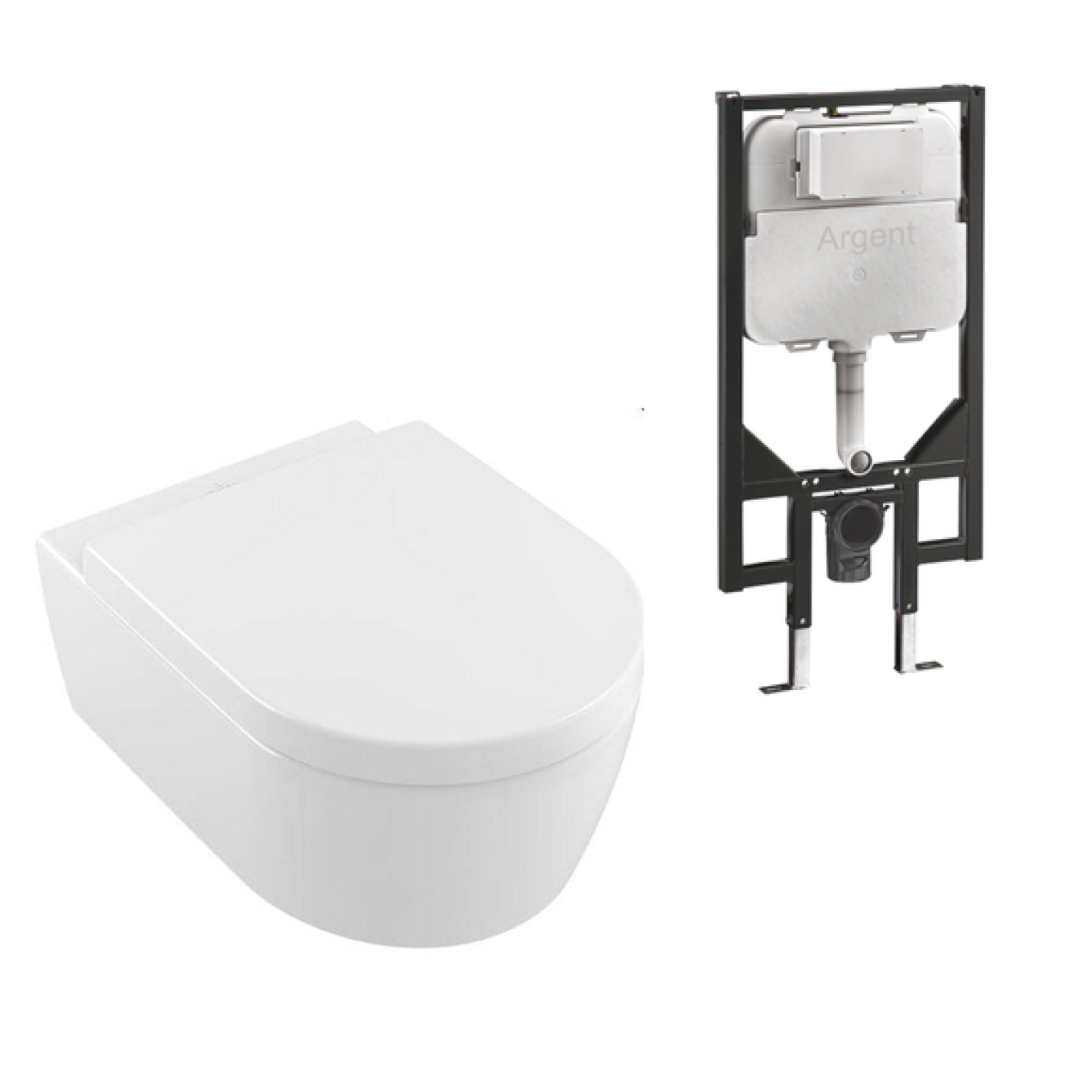 Villeroy & Boch Avento DirectFlush Wall Hung Ceramic Plus Toilet Package - Includes Argent Cistern - Round White Button - 5656R0R1S4B + IN48905 + F5020Wh