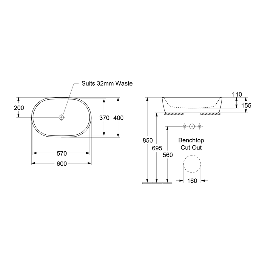 Villeroy & Boch Architectura 2.0 600 Oval Above Counter Basin Includes Overflow - Alpine White 5A266001