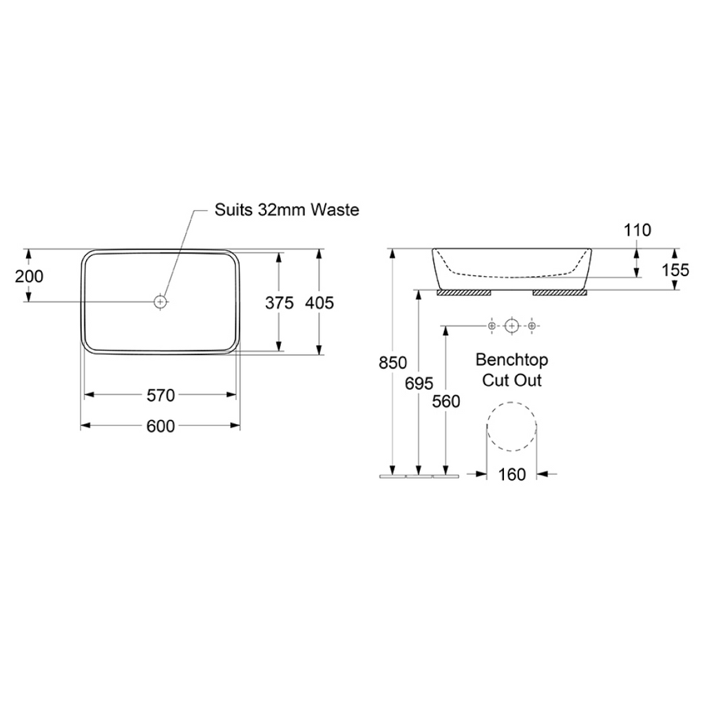 Villeroy & Boch Archtectura 2.0 600 Rectangular Above Counter Basin Includes Overflow - Alpine White 5A276001