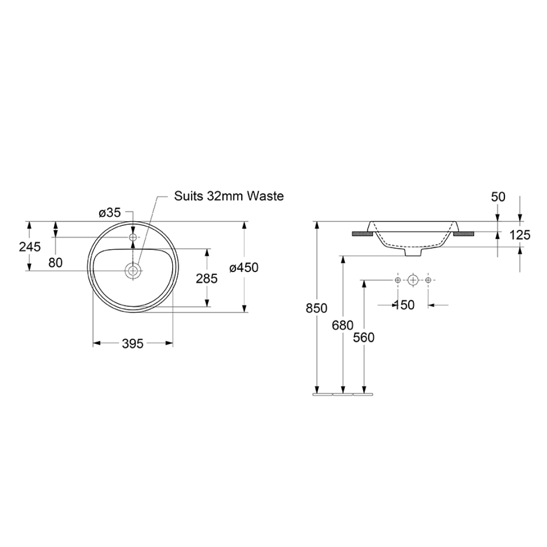 Villeroy & Boch Architectura 2.0 450 Round Drop-In Basin Includes Overflow - Alpine White 5A654501