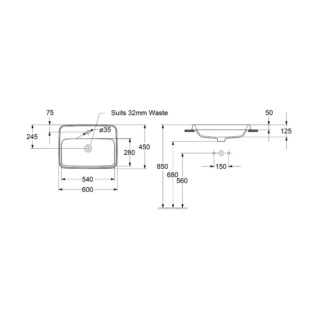 Villeroy & Boch Architectura 2.0 600 Rectangular Inset Basin 1 Taphole Includes Overflow - Alpine White 5A676001