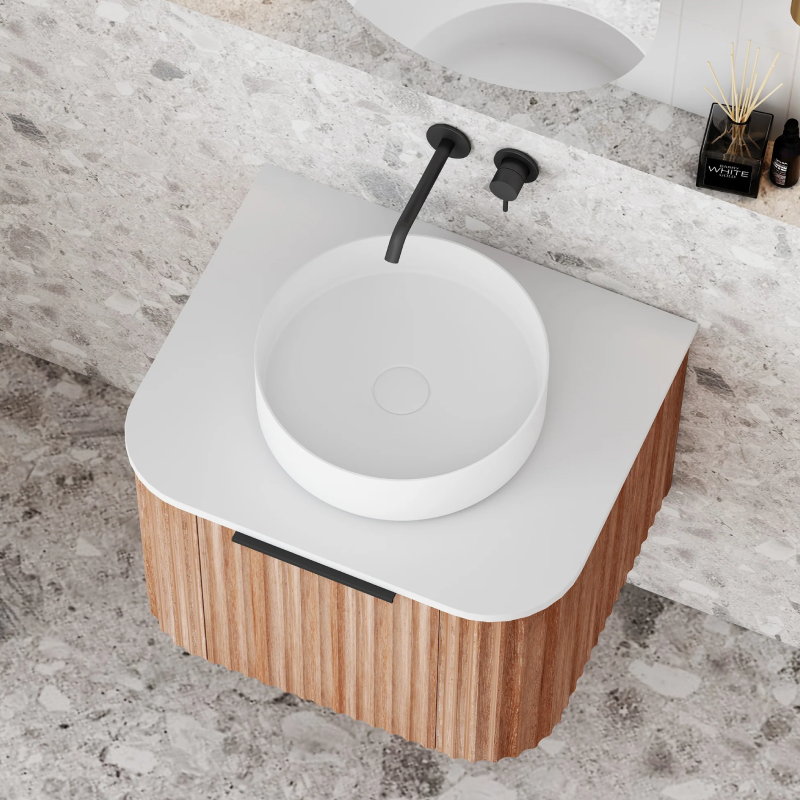 Cassa Design V-Groove 600mm Natural Walnut Wall Hung Vanity - Brushed Gold Handle - VGR600WH-WALNUT-BG