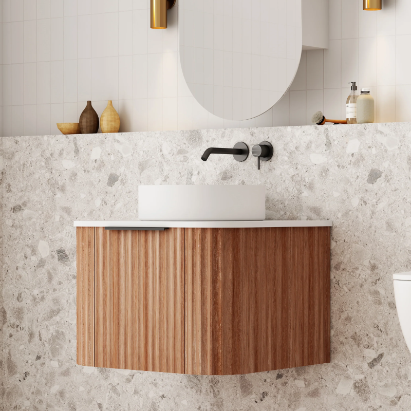 Cassa Design V-Groove 600mm Natural Walnut Wall Hung Vanity - Brushed Gold Handle - VGR600WH-WALNUT-BG