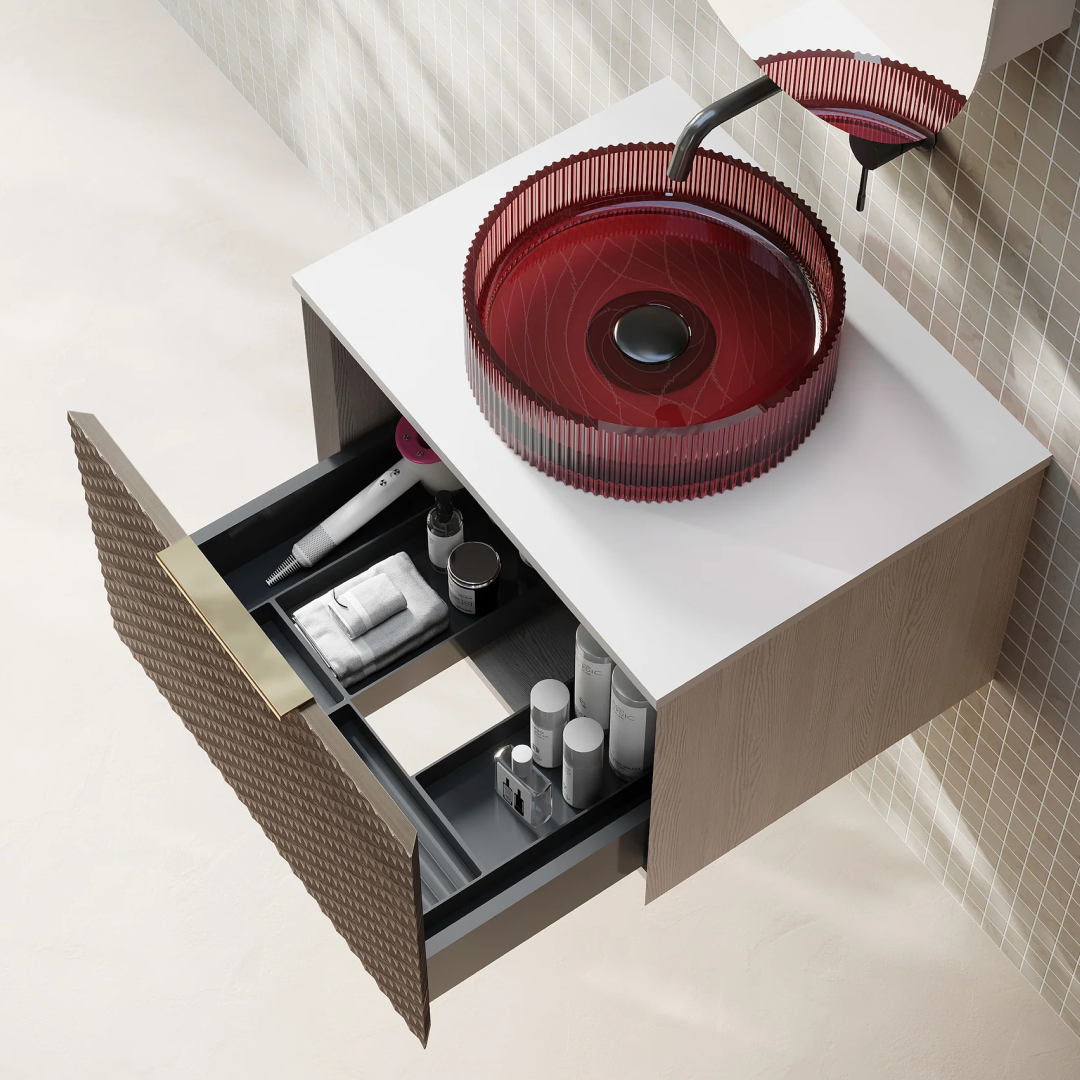 Cassa Design Relievo 600mm Wall Hung Vanity - Walnut - Gun Metal Handle - REL600IW-GM