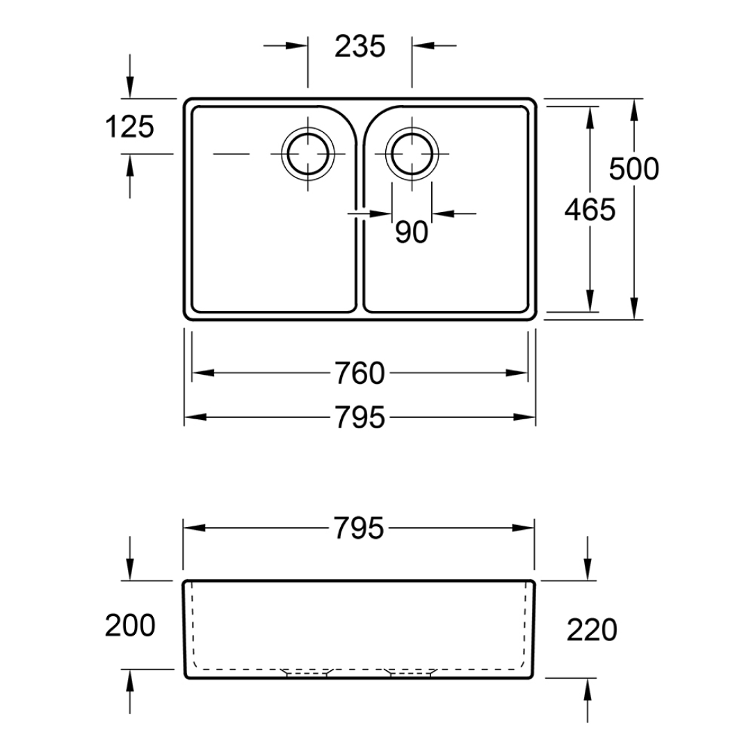 Villeroy & Boch Subway Butler 80X 795 Double Sink with Overflow - Pure Black 638001R7CB
