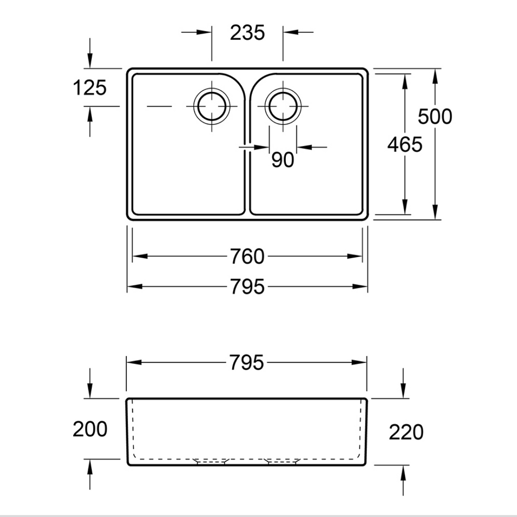Villeroy & Boch Subway Butler 80X 795 Double Sink with Overflow - Stone White 638001RWCB