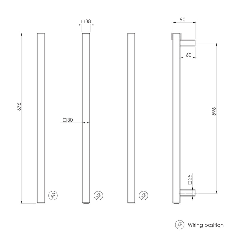 Phoenix Heated Triple Towel Rail Square 600mm - Matte Black