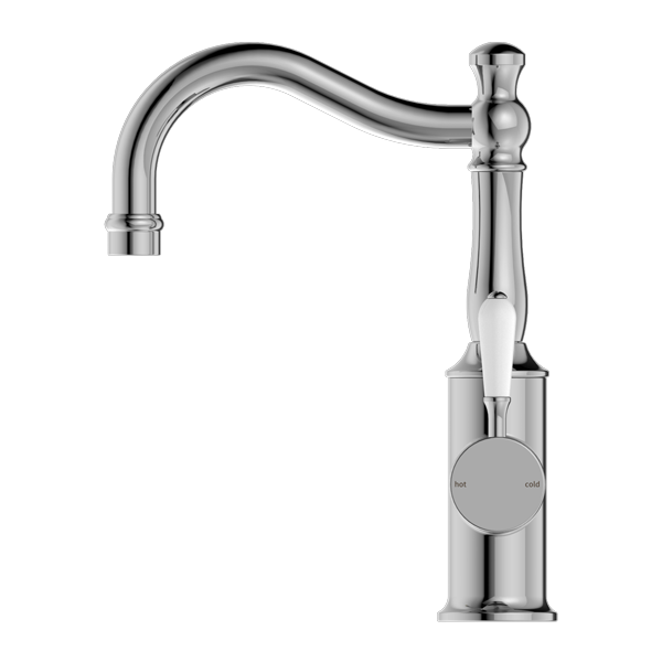 Nero York Basin Mixer Hook Spout With White Porcelain Lever - Chrome - NR69210201CH