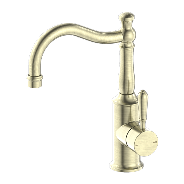 Nero York Basin Mixer Hook Spout With Metal Lever - Aged Brass - NR69210202AB