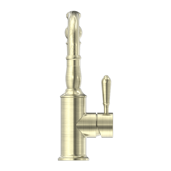 Nero York Basin Mixer Hook Spout With Metal Lever - Aged Brass - NR69210202AB