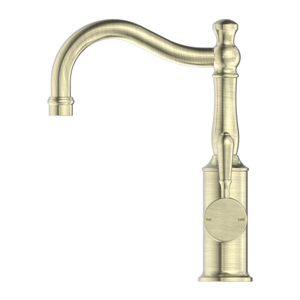 Nero York Basin Mixer Hook Spout With Metal Lever - Aged Brass - NR69210202AB