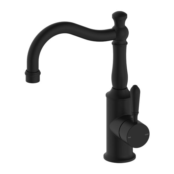 Nero York Basin Mixer Hook Spout With Metal Lever - Matte Black - NR69210202MB