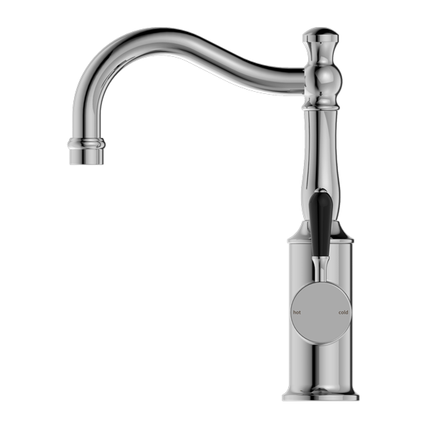 Nero York Basin Mixer Hook Spout With Black Porcelain Lever - Chrome