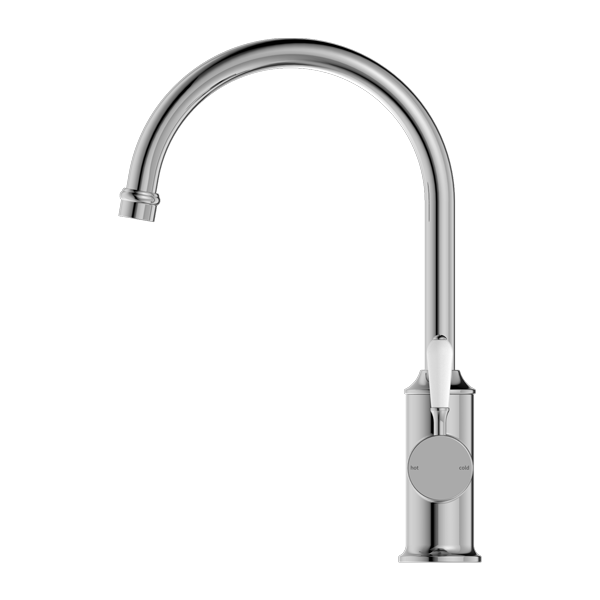 Nero York Kitchen Mixer Gooseneck Spout With White Porcelain Lever - Chrome - NR69210601CH