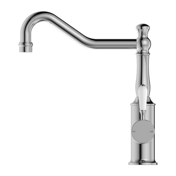 Nero York Kitchen Mixer Hook Spout With White Porcelain Lever - Chrome