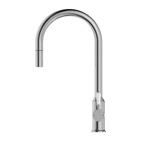 Nero York Pull Out Sink Mixer With Vegie Spray Function With White Porcelain Lever - Chrome