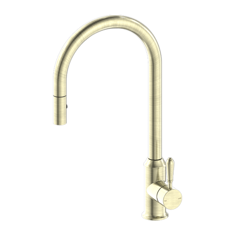 Nero York Pull Out Sink Mixer With Vegie Spray Function With Metal Lever - Aged Brass