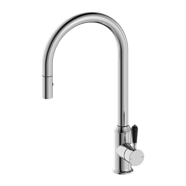 Nero York Pull Out Sink Mixer With Vegie Spray Function With Black Porcelain Lever - Chrome