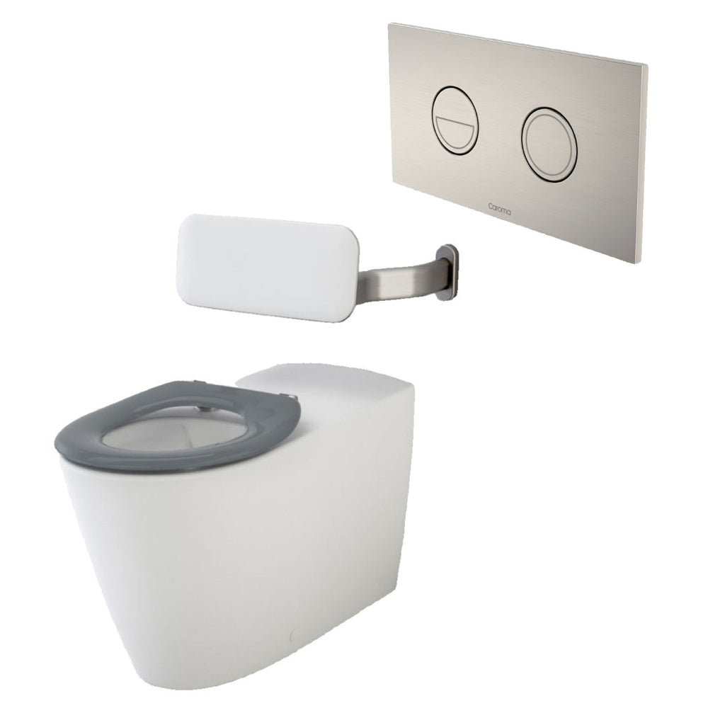Caroma Care 800 Cleanflush Invisi II Wall Faced Suite with Backrest -  Anthracite Grey Seat - Brushed Nickel Button - 718320BAG + 237088BN