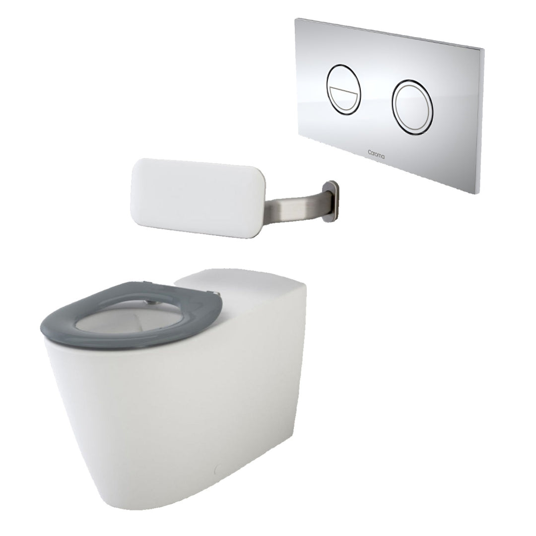 Caroma Care 800 Cleanflush Invisi II Wall Faced Suite with Backrest -  Anthracite Grey Seat - Chrome Button - 718320BAG + 237088C