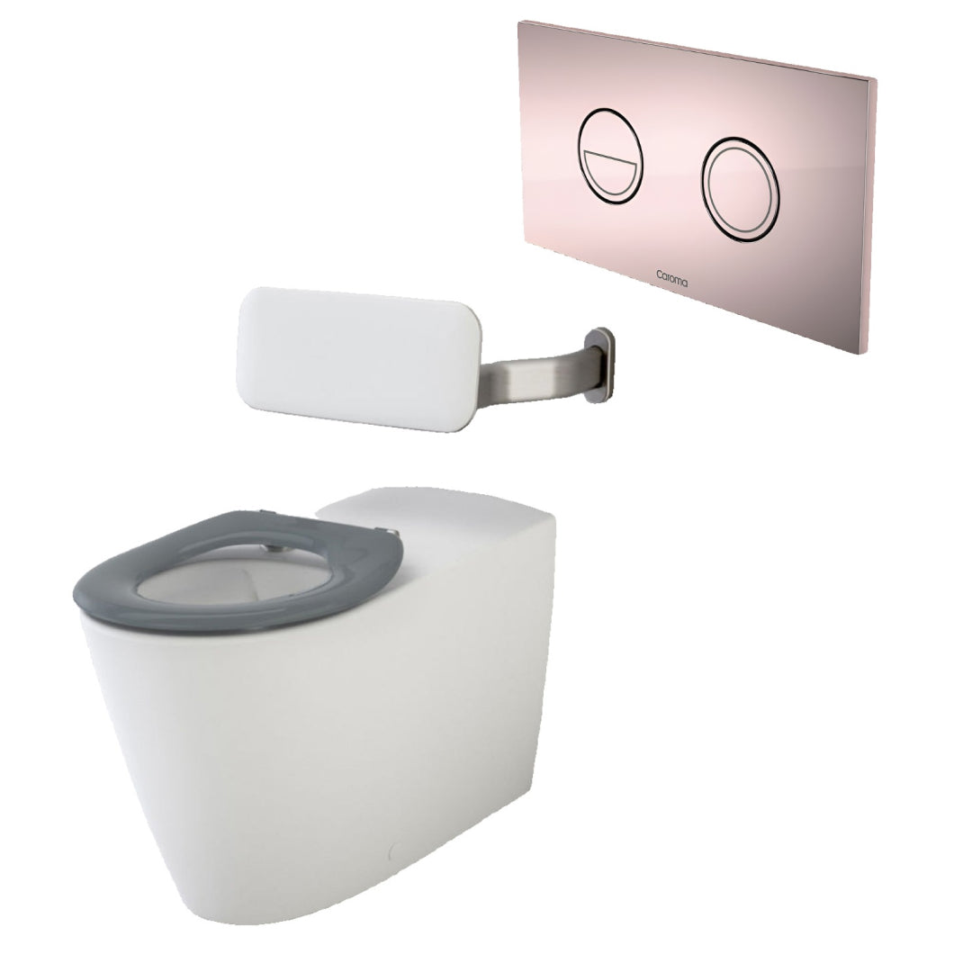 Caroma Care 800 Cleanflush Invisi II Wall Faced Suite with Backrest -  Anthracite Grey Seat - Rose Gold Button - 718320BAG + 237088RG