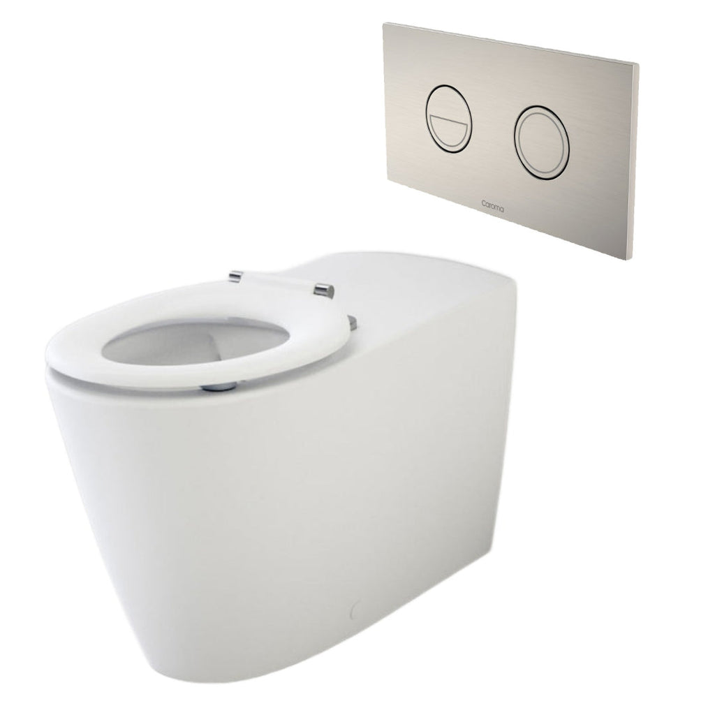 Caroma Care Cleanflush Wall Faced Invisi Series II Toilet Suite Care Single Flap Seat - Brushed Nickel Button - 718320SB + 237088BN