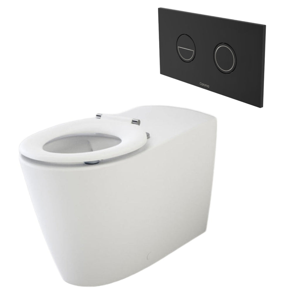 Caroma Care Cleanflush Wall Faced Invisi Series II Toilet Suite Care Single Flap Seat - Matte Black Button - 718320SB + 237088B