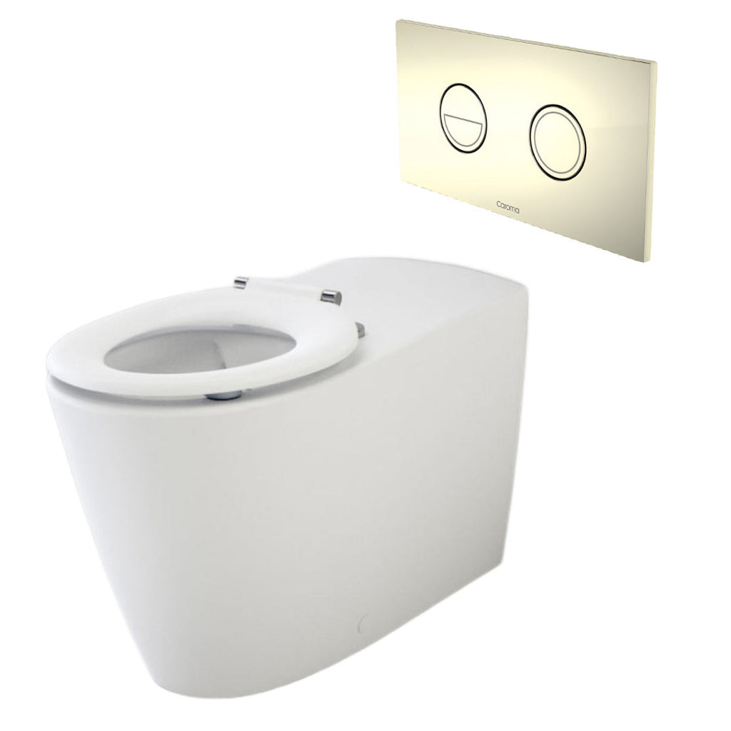 Caroma Care Cleanflush Wall Faced Invisi Series II Toilet Suite Care Single Flap Seat - Gold Button - 718320SB + 237088G