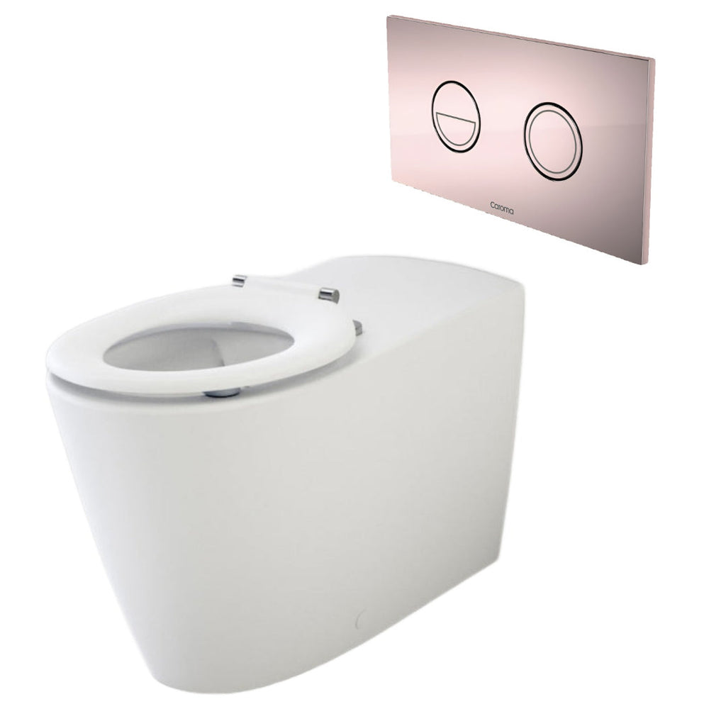 Caroma Care Cleanflush Wall Faced Invisi Series II Toilet Suite Care Single Flap Seat - Rose Gold Button - 718320SB + 237088RG