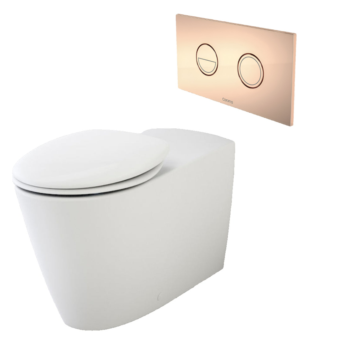 Caroma Care 800 Cleanflush Wall Faced Invisi Series II Toilet Suite with Double Flap Seat - Copper Button - 718340W + 237088CO