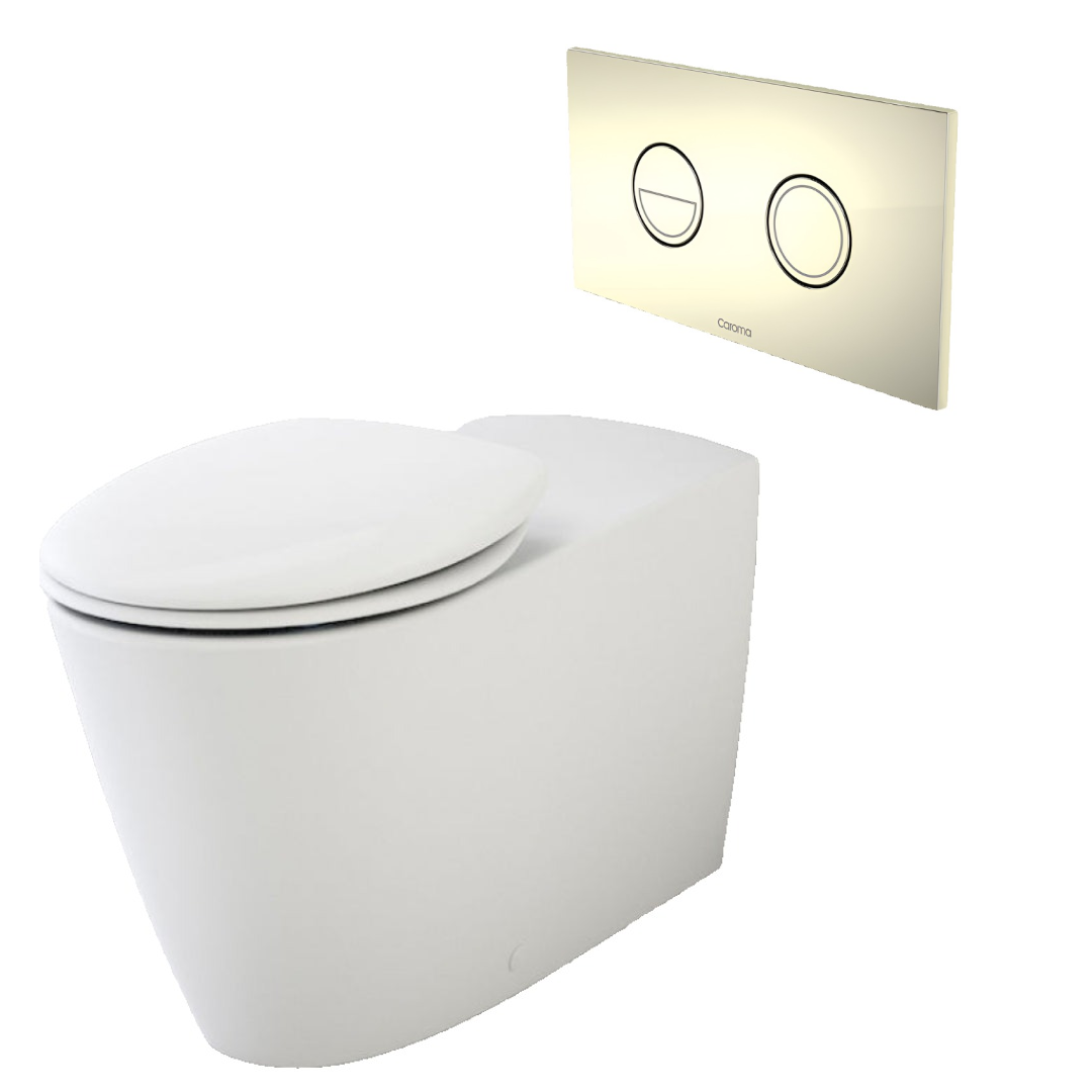 Caroma Care 800 Cleanflush Wall Faced Invisi Series II Toilet Suite with Double Flap Seat - Gold Button - 718340W + 237088G