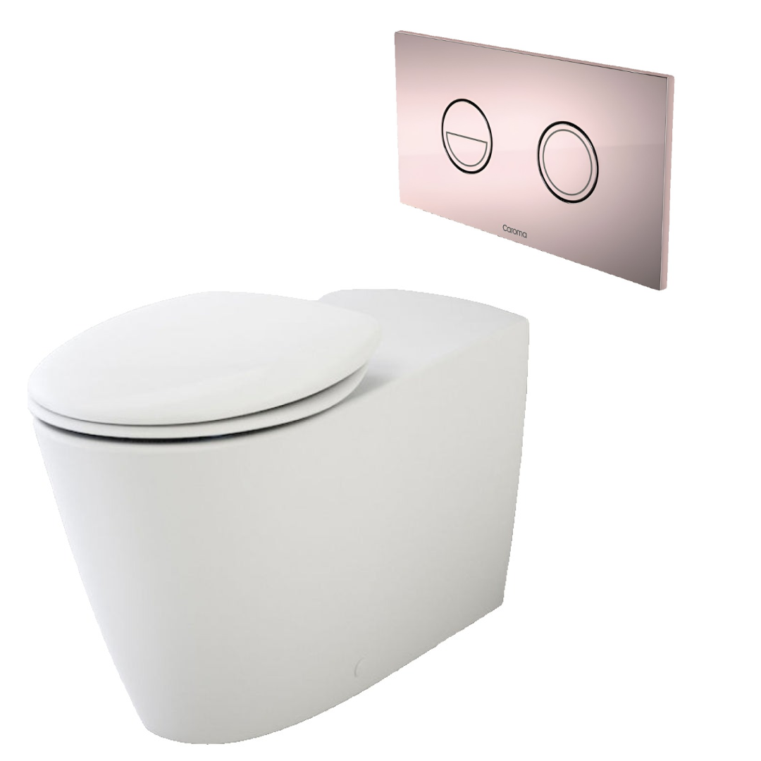 Caroma Care 800 Cleanflush Wall Faced Invisi Series II Toilet Suite with Double Flap Seat - Rose Gold Button - 718340W + 237088RG