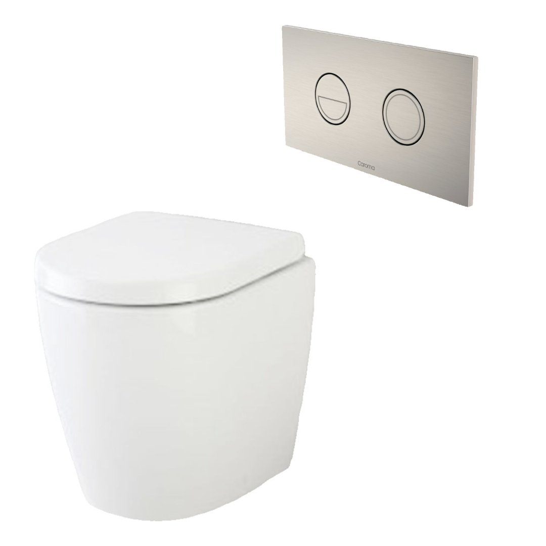 Caroma Urbane II Compact Invisi Series II Wall Faced Toilet Suite - Brushed Nickel Button - 741520W + 237088BN