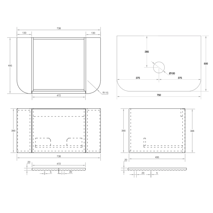 Cassa Design V-Groove 750mm Natural Walnut Wall Hung Vanity - Brushed Gold Handle - VGR750WH-WALNUT-BG