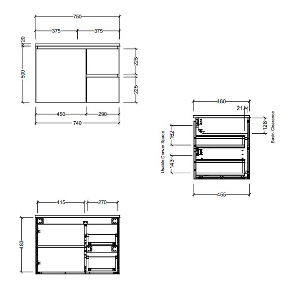Timberline Nevada 750mm Wall Hung Vanity with Ceramic Top - Right Hand Drawers - NEVQV750CAPHW