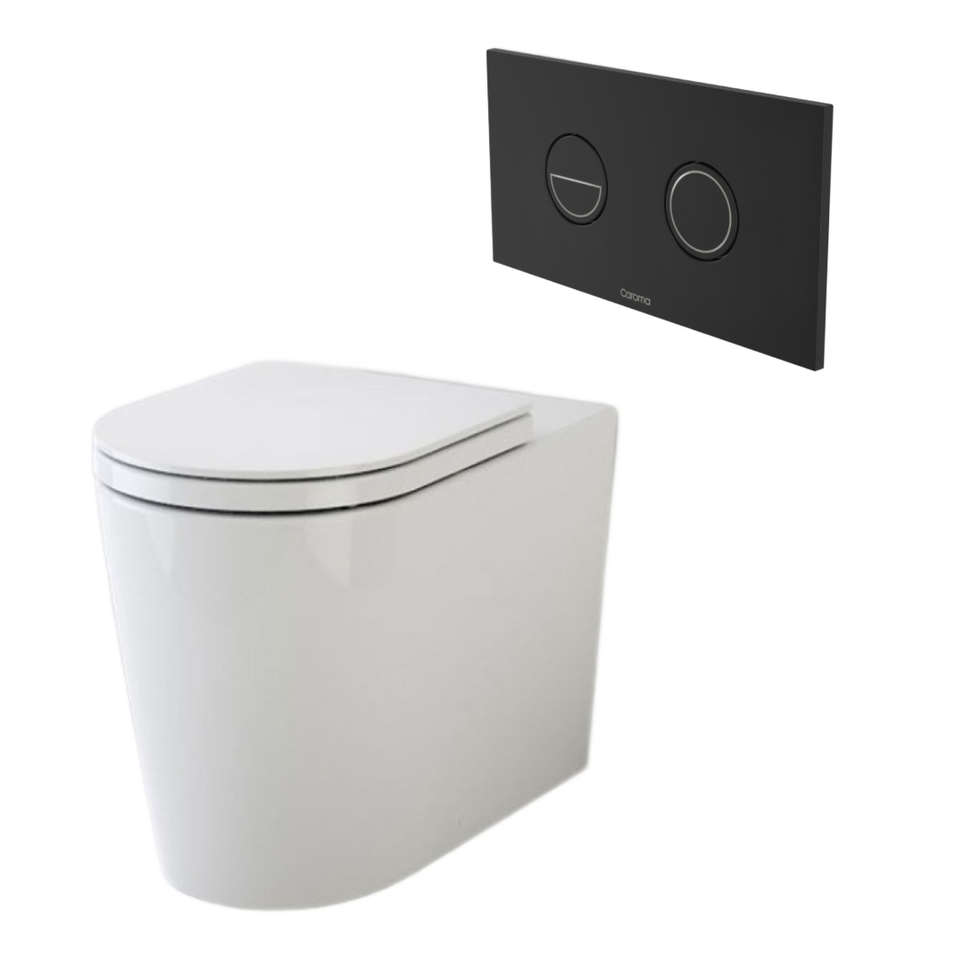 Caroma Liano Cleanflush Easy Height Invisi Series II Wall Faced Toilet Suite - Matte Black Flush Plate - 766350W + 237088B