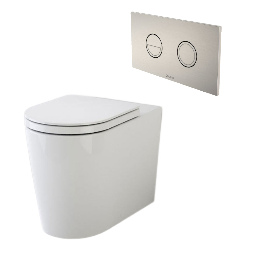 Caroma Liano Cleanflush Easy Height Invisi Series II Wall Faced Toilet Suite - Brushed Nickel Flush Plate - 766350W + 237088BN