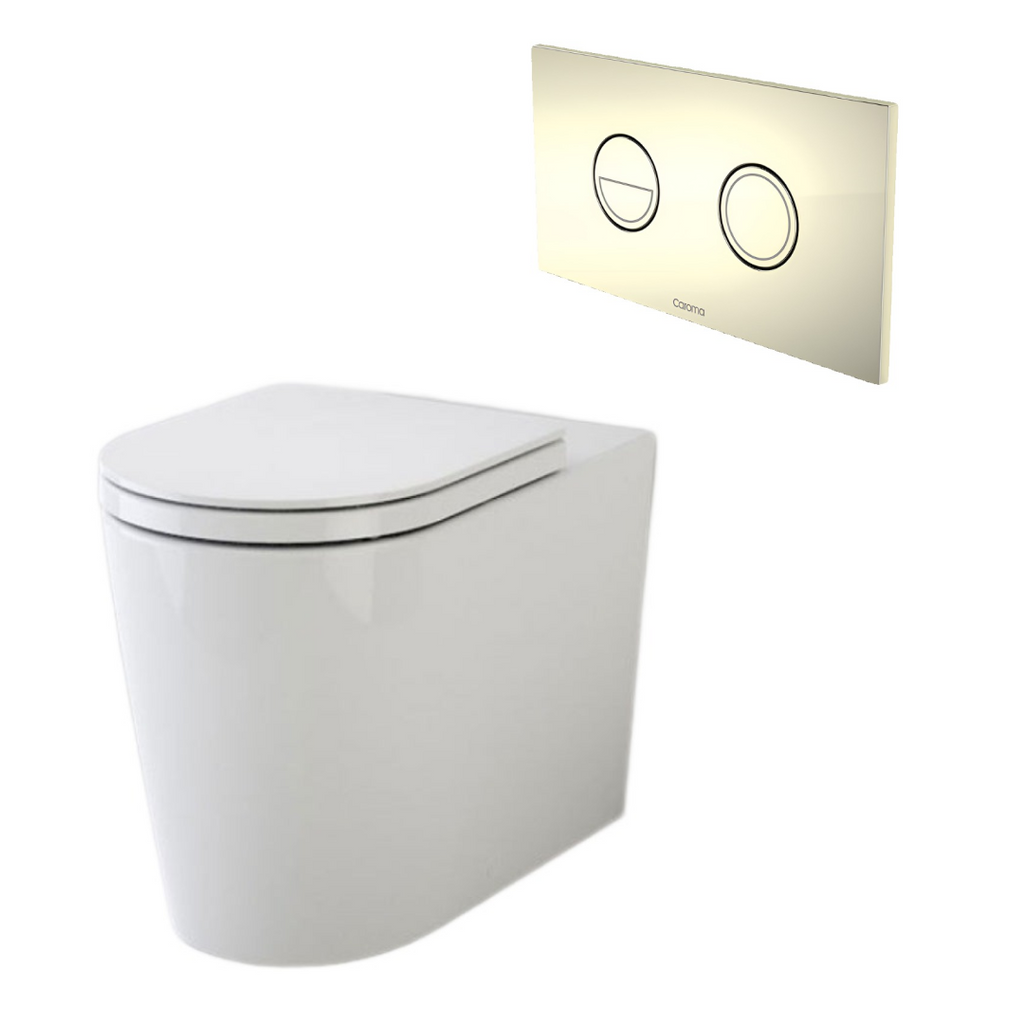 Caroma Liano Cleanflush Easy Height Invisi Series II Wall Faced Toilet Suite - Gold Flush Plate - 766350W + 237088G