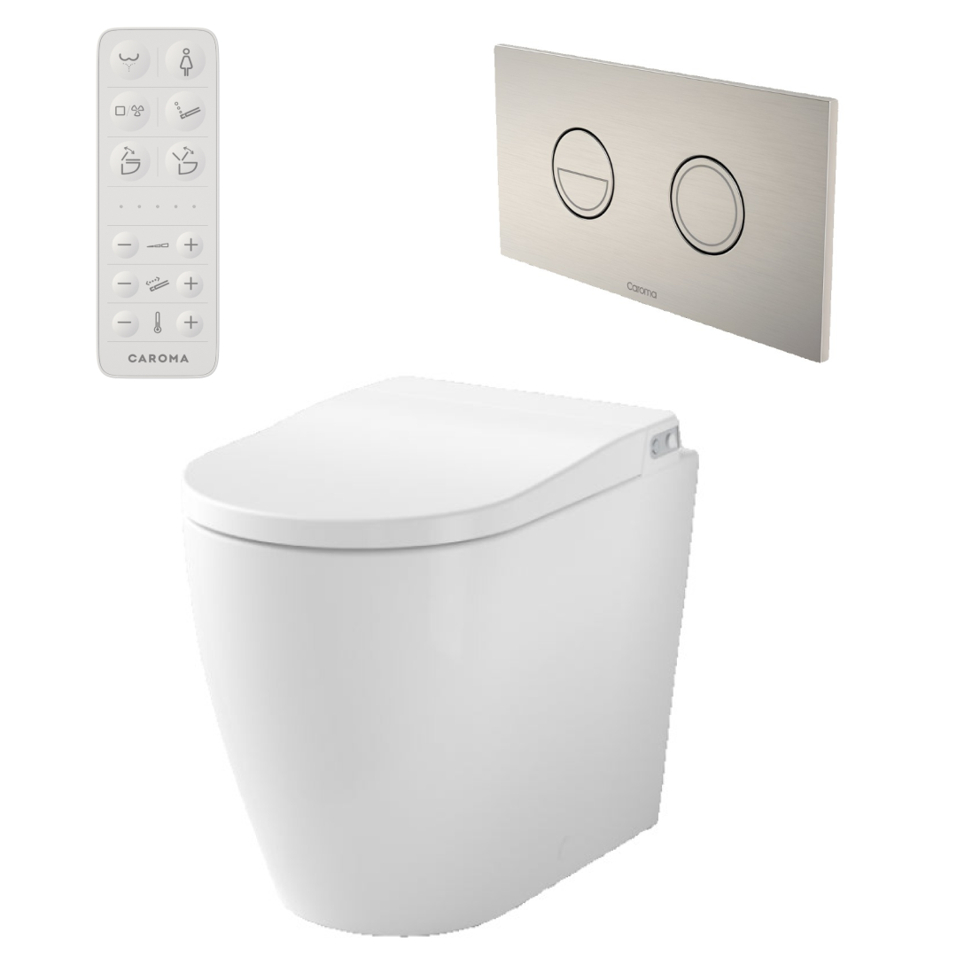 Caroma Urbane II Bidet Cleanflush Easy Height Wall Faced Invisi Suite - 848610W - Brushed Nickel Button - 848610W + 237088BN