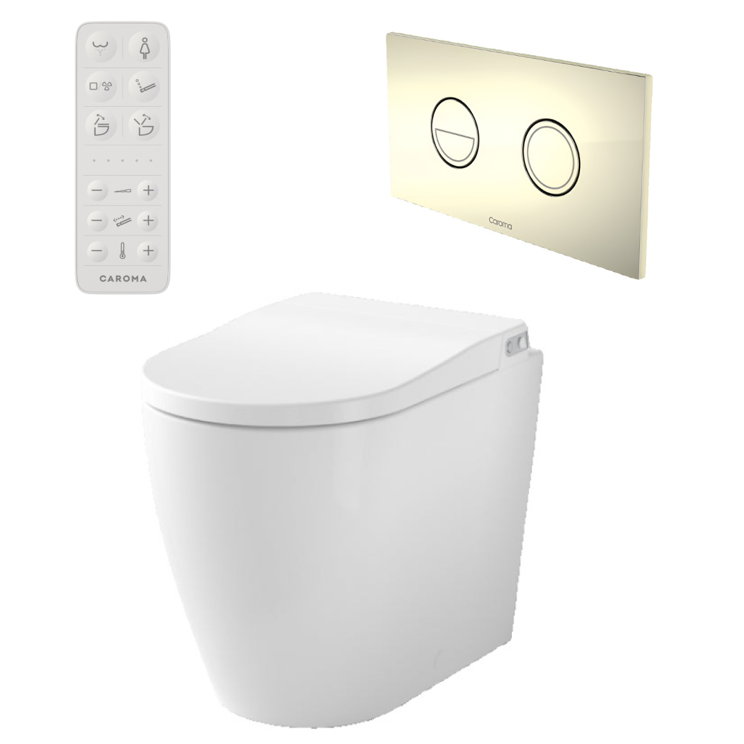 Caroma Urbane II Bidet Cleanflush Easy Height Wall Faced Invisi Suite - 848610W - Gold Button - 848610W + 237088G