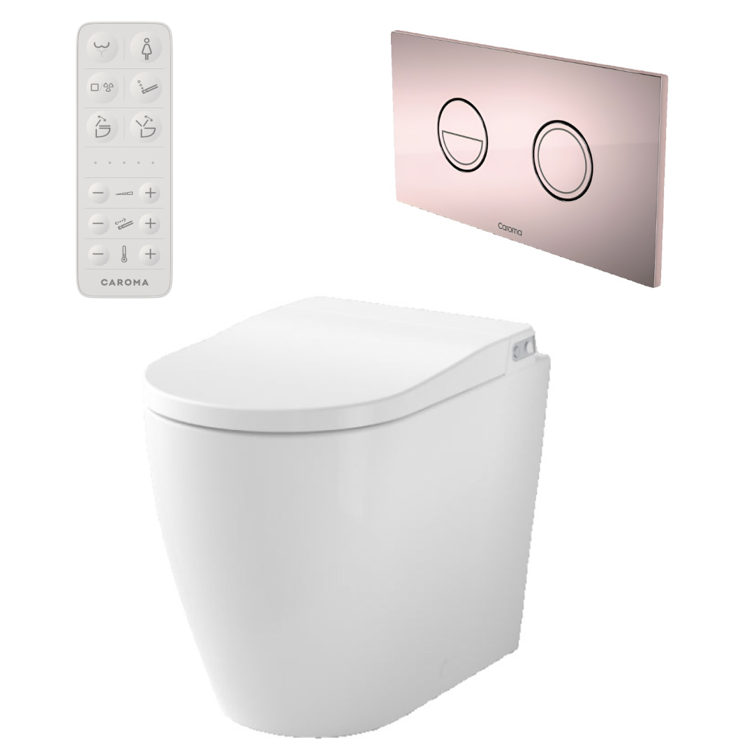 Caroma Urbane II Bidet Cleanflush Easy Height Wall Faced Invisi Suite - 848610W - Rose Gold Button - 848610W + 237088RG