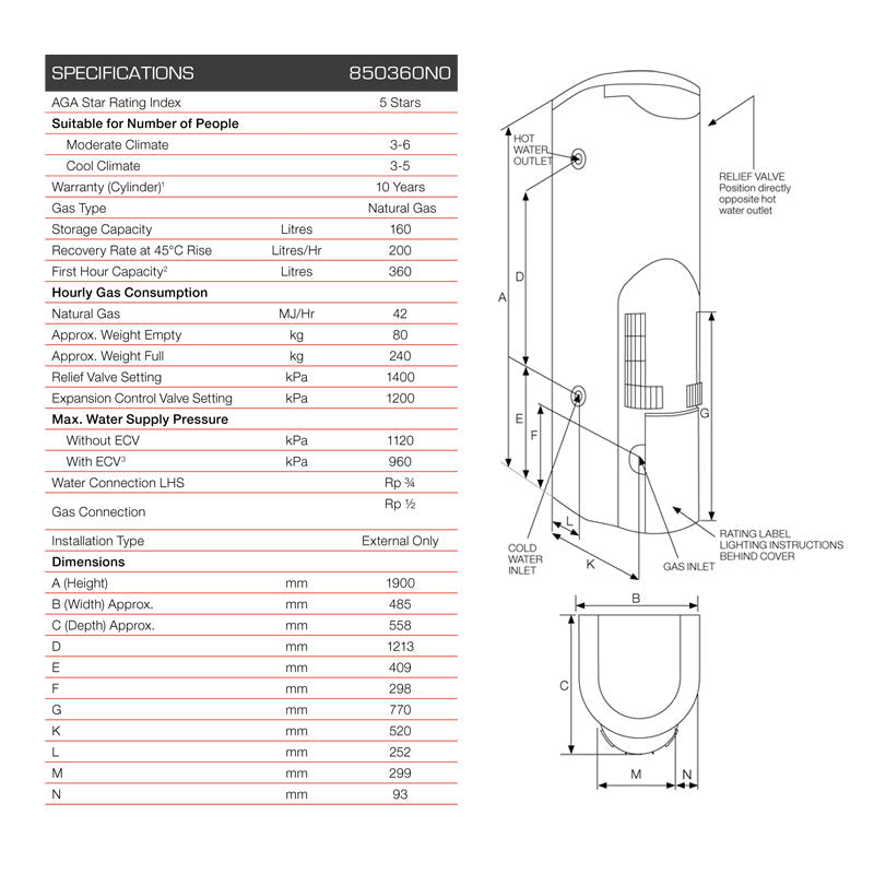 Rheem 160L Stellar 360 Gas Storage Water Heater Specification