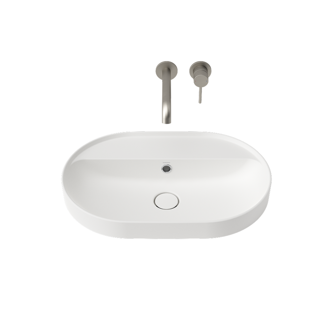 Caroma Liano II 600mm Pill Inset Basin with Tap Landing (0 Tap Hole) – Matte White (with Overflow) - 853105MW