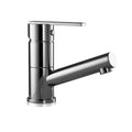 A modern single-handle bathroom faucet in polished chrome, mounted on a white ceramic sink against a blue gradient background.