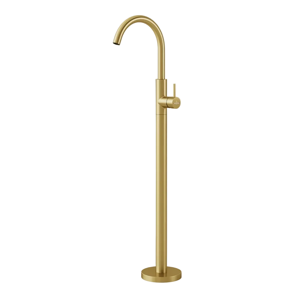 A modern high-arc freestanding faucet in a brushed gold finish, shown against a solid light gray background.