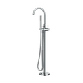 A modern high-arc freestanding bathtub faucet in polished chrome, featuring a tall curved spout, a vertical post with a mounted handheld shower head, and a round base, shown against a light gray background.