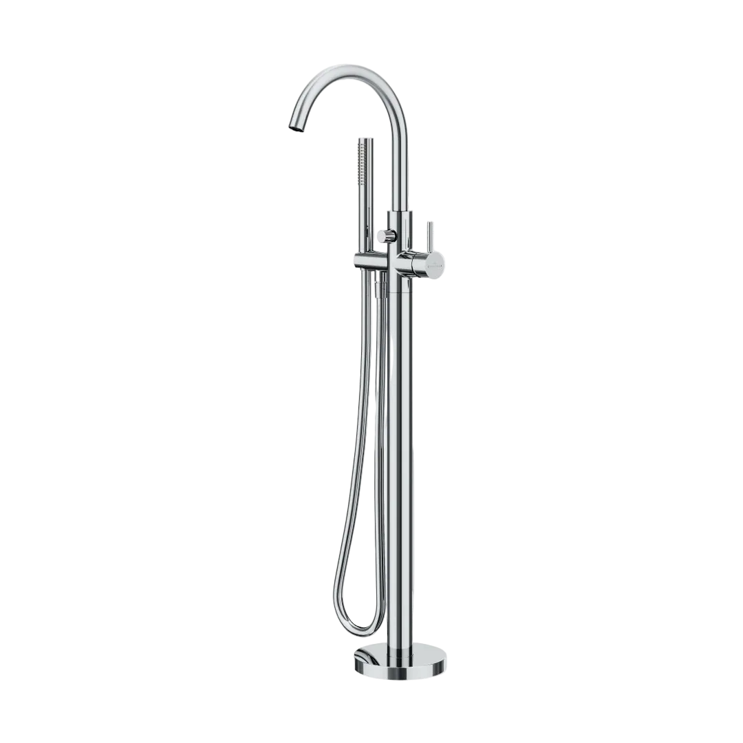 A modern high-arc freestanding bathtub faucet in polished chrome, featuring a tall curved spout, a vertical post with a mounted handheld shower head, and a round base, shown against a light gray background.